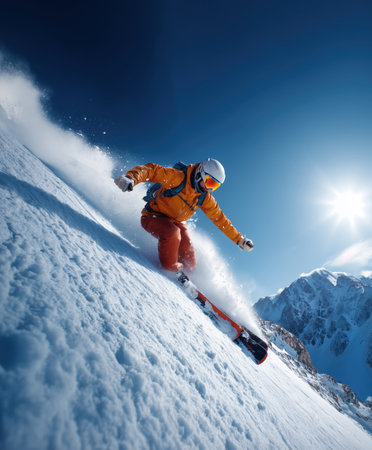 Skier racing down steep snowy hill in sunlight. Powder flies up against clear blue sky. High quality photoの素材