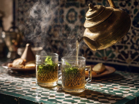 Traditional Maghrebi tea ritual with brass teapot pouring mint tea into decorated glasses, steam rising, zellige tiles and arabesque motifs around . High quality photoの素材