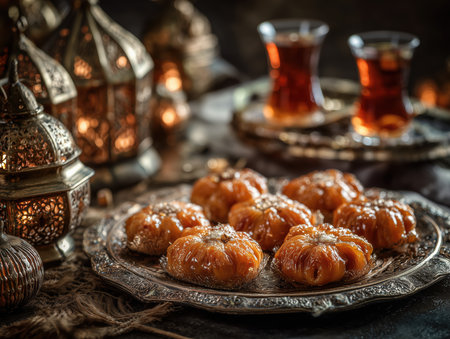 Chebakia honey pastries shaped like flowers, shiny syrup texture, placed on ornate trays, Ramadan ambiance with tea glasses and brass lanterns . High quality photoの素材