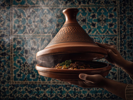 Elegant hero shot of a Moroccan tagine being lifted to reveal steaming dish inside, aromatic visual style, zellige tile background, rich colors. High quality photoの素材