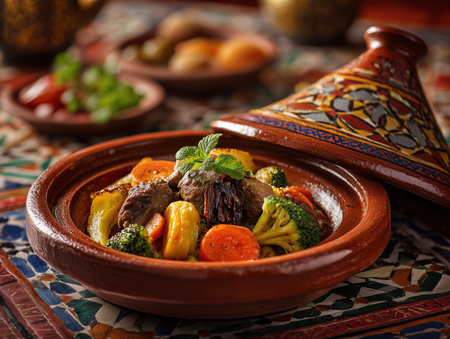 Traditional Moroccan tagine dish with colorful vegetables and tender lamb, served in a conical clay pot, geometric mosaic patterns in the background, warm festive mood . High quality photoの素材