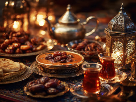 Ramadan iftar table with harira, dates, chebakia, tea, and lanterns, warm festive glow, deep cultural authenticity, intricate patterns. High quality photoの素材