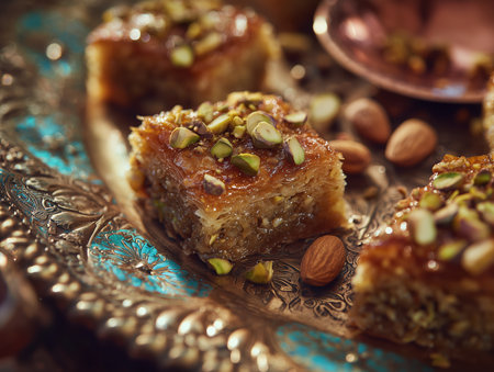 Close-up of golden baklava arranged on an ornate brass tray, pistachios and almonds glistening, warm terracotta and turquoise accents, artisanal Maghrebi dessert styling. High quality photoの素材