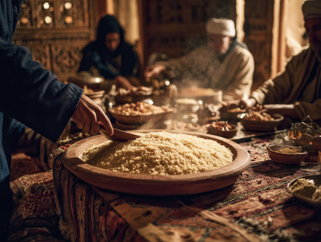 Hands serving couscous from a large communal dish, family gathering moment, warm lighting, woven carpets and carved wooden furniture in the background . High quality photoの素材