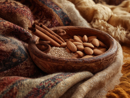 Close-up still-life of Sellou decorated with almonds, sesame, and cinnamon, arranged in a traditional bowl, warm ocher tones and textured fabrics. High quality photoの素材