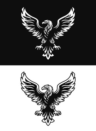 Stylized eagle with wings up. One version is on black, one on white background. Vector illustrationの素材