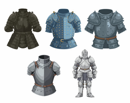 Medieval knight armors are shown. One knight is fully dressed in armor. Vector illustrationの素材