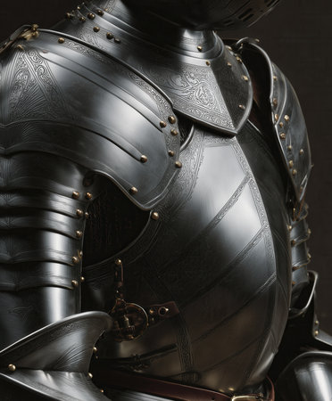 Detailed metal knight armor. Gold edges and dark engraved steel plates shine in light. High quality photoの素材