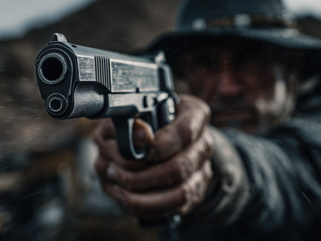 Man points gun at camera Close view shows silver pistol in focus. High quality photoの素材