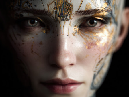 Close face with gold cyber tattoos Eyes show human and machine together Language areの素材