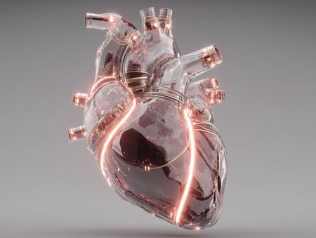 Glass heart with glowing lines Futuristic design shows high-tech vein. High quality photoの素材