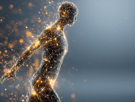 Glowing human shape made of network lines. Lights connect across the body in motion. High quality photoの素材