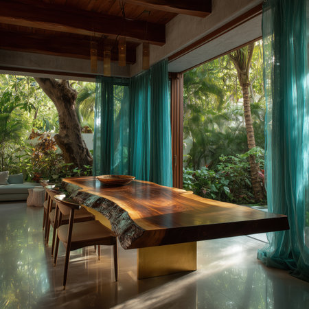 Large live-edge wood table in tropical villa. Surrounded by plants and turquoise curtains. High quality photoの素材
