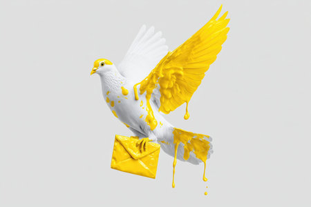 Pigeon flies through the air with a letter. The background is simple and plain. High quality photoの素材