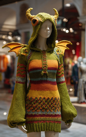 Mannequin wears colorful dragon-themed knit sweater. Outfit includes horns, wings, and big eyes. High quality photoの素材