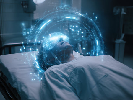 Patient lies in hospital bed with digital headset. Futuristic hologram surrounds their head. High quality photoの素材