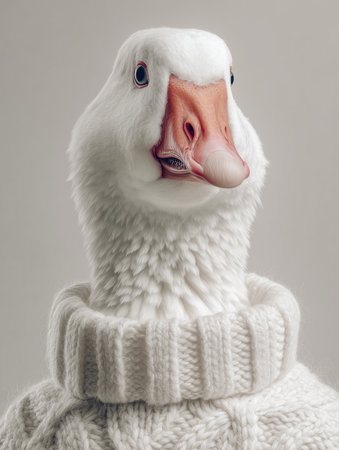 White goose wears a knitted sweater. The background is light and simple. High quality photoの素材