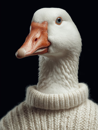 White goose wears a knitted sweater. The background is light and simple. High quality photoの素材