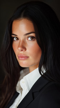 Woman with long dark hair looks at the camera. She wears a black jacket and white shirt. High quality photoの素材