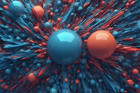 Abstract 3d rendering of chaotic structure with balls in blue and orangeの素材