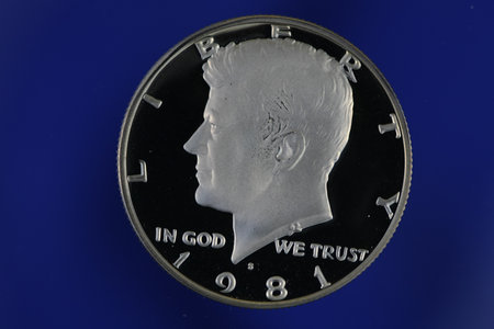 Kennedy Half Dollar Proof on Blue Backgroundの写真素材
