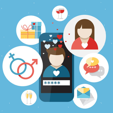 Blue mobile phone with dating pictures, vector illustration in flat design styleのイラスト素材