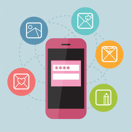 Pink mobile phone with mail icons in flat design styleのイラスト素材