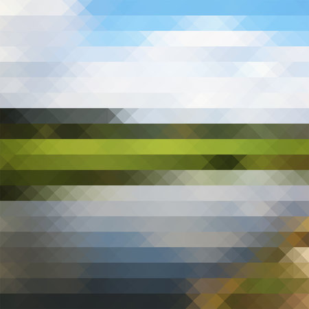 Triangle geometric pixel lanscape background for design backdrop. Sky, lake, grass, plantsのイラスト素材