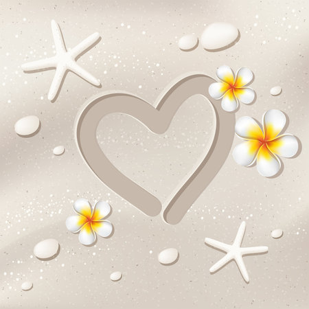 Sand background with heart shape, starfishes, stones and frangipani flowers, beach summer travel love vector illustrationのイラスト素材
