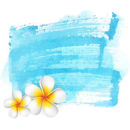 Blue summer fresh watercolor stain background illustration with asian frangipani flowerのイラスト素材