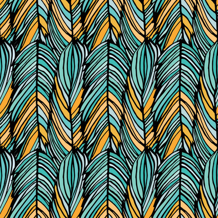 Abstract feather seamless vector colorful pattern in turquoise and orange colorのイラスト素材