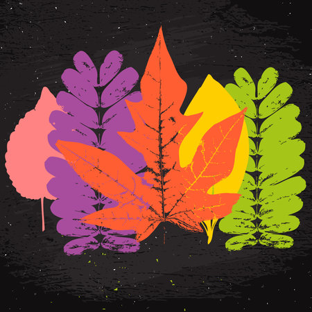 Grunge vector bright colorful leaves set on dirty dark backgroundのイラスト素材