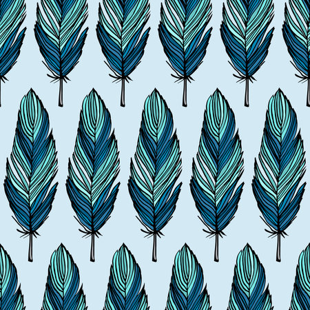 Turquoise and blue colored feather simple seamless vector pattern for backgroundのイラスト素材