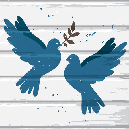 Two vector blue doves on white wood background, postcard for international peace dayのイラスト素材