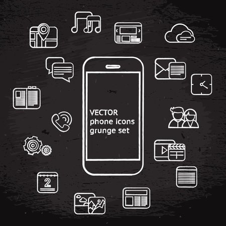 White phone icons set on grunge blackboard backgroundのイラスト素材