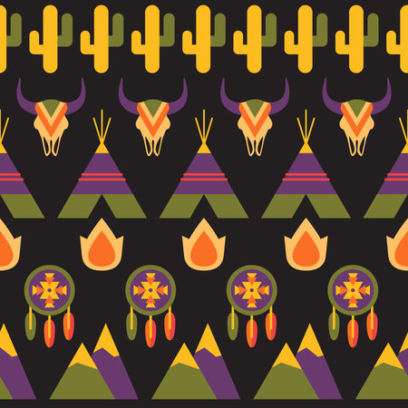 Native american seamless vector colorful pattern, indigenous background illustration with dreamcatcher, fire, animal skull, wigwam and cactusのイラスト素材