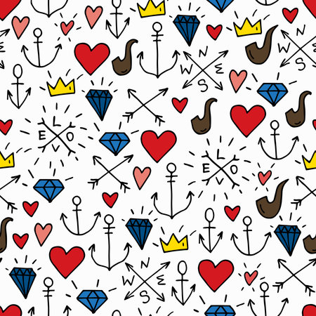 Sea doodle hipster background, colorful seamless isolated hand drawn pattern with diamonds, pipes, red hearts, 
crowns and anchorsのイラスト素材