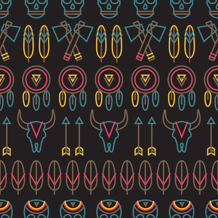 Tribal vector outline style seamless pattern on dark background, colorful wrapping paper with animal skull, arrow, dreamcatcher, tomahawk, feather and human skullのイラスト素材