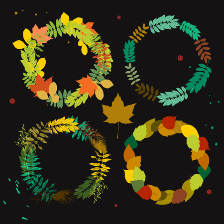 Vector autumn floral wreath set with different types of leaves, colorful nature round frames for graphic designのイラスト素材