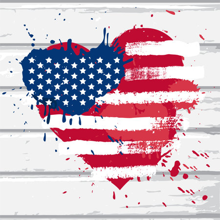 Vector USA flag in heart shape on white wood wall, illustration in grunge styleのイラスト素材