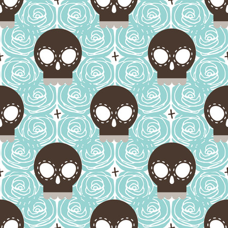 Brown stylized skull seamless pattern with blue roses, vector background illustrationのイラスト素材