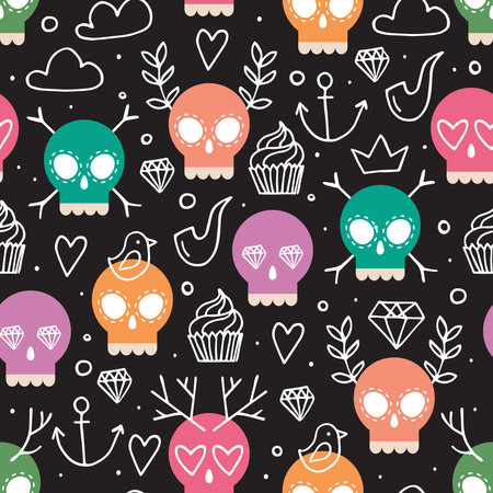 Colorful vector background for day of the dead, fun hand drawn seamless pattern with skull and doodle elements: antler, diamond, cupcake, anchor, pipe, heart; children's wrapping paperのイラスト素材