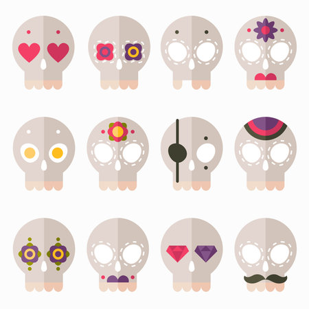 Flat design style skull icon vector set, cute skulls for Day of the Dead or for Halloweenのイラスト素材