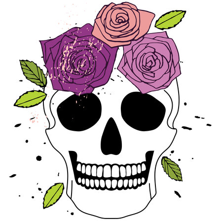 Vector isolated white simple skull with purple and pink roses with green leavesのイラスト素材