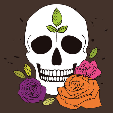 Simple vector white skull with colorful roses and leaves, illustration for day of the deadのイラスト素材