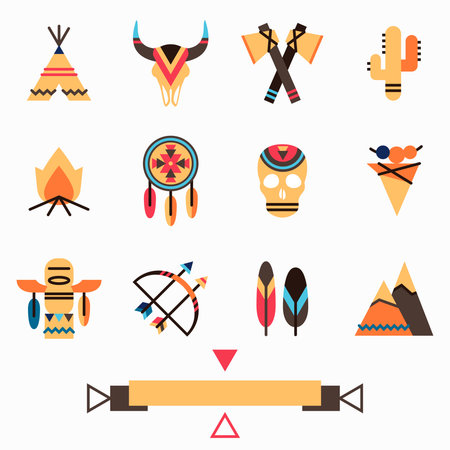 Tribal indigenous icons set with ethnic american symbols: arrow and bow, feather, dream catcher, cactus, wigwam, tomahawk, animal and human skullのイラスト素材