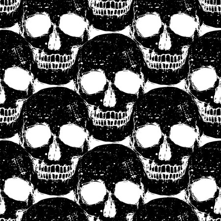 Black human skull grunge seamless pattern, isolated vector backgroundのイラスト素材