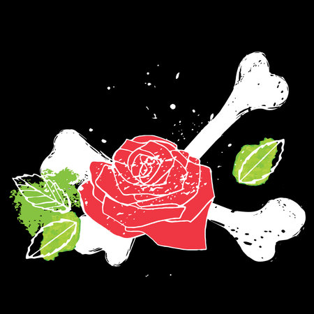 Decorative element with red rose, green leaves and white crossbones, vector illustrationのイラスト素材