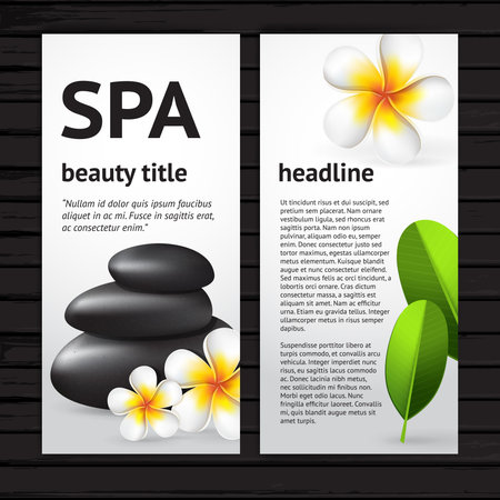 Vector modern spa flyer design template with realistic frangipani flower, green leaves and black stones, vertical card on black wood backgroundのイラスト素材