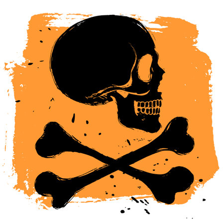 Danger sign on orange background in grunge style, side view skull and tibia crossbonesのイラスト素材